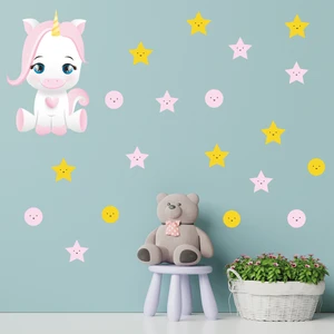 Tilki Dünyası Sevimli Unicorn Pembe ve Sarı Renk Yıldızlar ve Puantiyeler Çocuk Odası Duvar Sticker