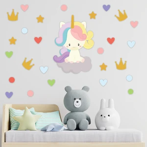 Tilki Dünyası Sevimli Unicorn Taç, Kalpler ve Puantiyeler Çocuk Odası Duvar Sticker Çocuk Odası Duvar Sticker