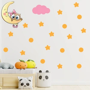 Tilki Dünyası Ay Üzerinden Sarkan Sevimli Baykuş Pembe Bulut Sarı Yıldızlar ve Puantiyeler Çocuk Odası Duvar Sticker