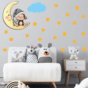 Tilki Dünyası Ay Üzerinde Uyuyan Sevimli Maymun Sarı Yıldızlar ,puantiyeler ve Mavi Bulut Çocuk Odası Duvar Sticker