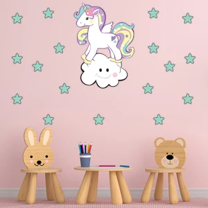 Tilki Dünyası Sevimli Unicorn Gülen Beyaz Bulut Yeşil Yıldızlar Çocuk Odası Duvar Sticker