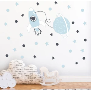 Tilki Dünyası Uzay Aracı Gezegen Bebe Mavisi Lacivert Yıldızlar ve Puantiyeler