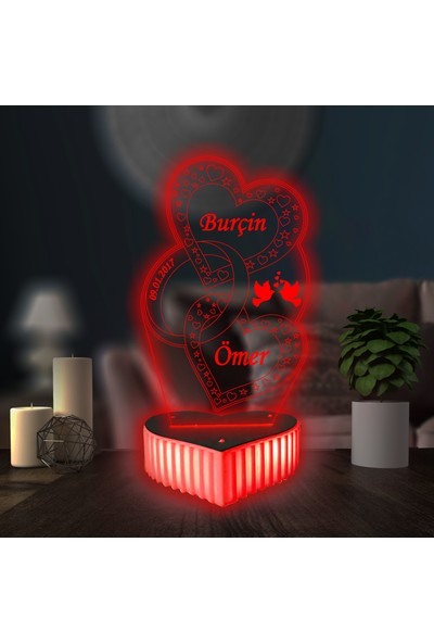 3D Hediye Dünyası Sevgililer Günü Hediyesi Anneler Günü Doğum Günü Hediyesi Özel Hediye 3D Led Lamba Çift kalpli Yüzük 16 Renkli Kumandalı Masa Lambası