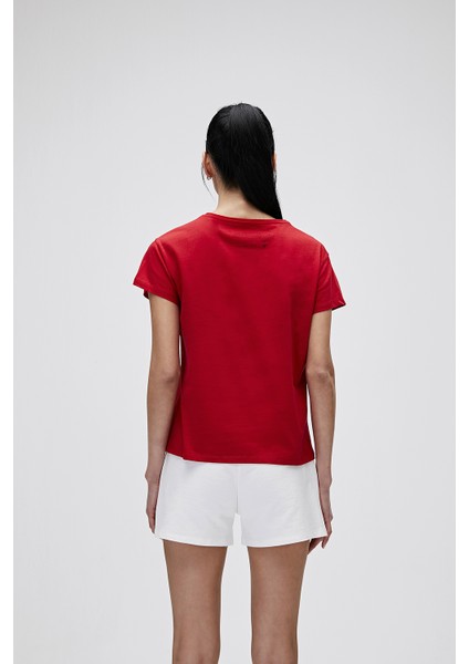 Kadın Parlak Kırmızı Tişört Logo Tee
