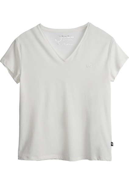 Kadın Kırık Beyaz Tişört Vıolet V-Neck Tee