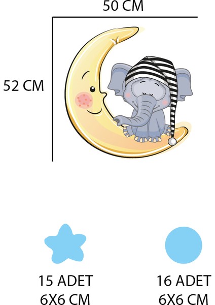 Ay Üzerinde Uyuyan Sevimli Fil Mavi Yıldızlar ve Puantiyeler Çocuk Odası Duvar Sticker