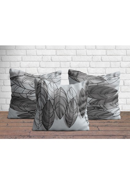 Karakalem Yaprak Çizimli Üçlü Yastık Kılıfı Seti