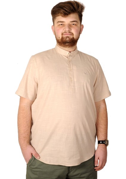 Buyuk Beden Erkek Kısa Kol Hakim Yaka 20387 Bej