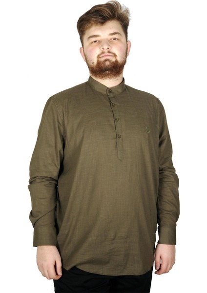 Büyük Beden Erkek Keten Likralı Ukol Hakim Yaka Gömlek 20388 Haki