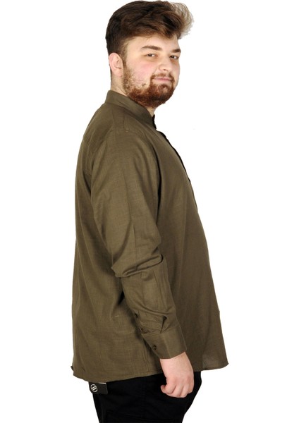 Büyük Beden Erkek Keten Likralı Ukol Hakim Yaka Gömlek 20388 Haki modelleri