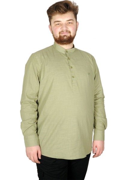 Büyük Beden Erkek Keten Likralı Ukol Hakim Yaka Gömlek 20388 Yeşil