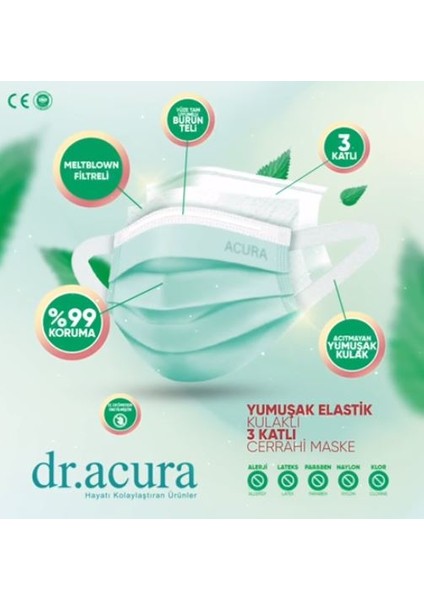 Yumuşak Elastik Kulaklı Yeşil 3 Katlı Telli Cerrahi Maske 100 fiyatları