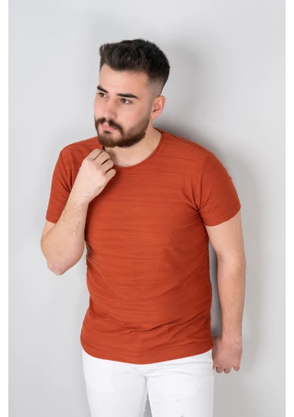 Extra Slimfit Sıfır Yaka Dokulu Erkek T-Shirt