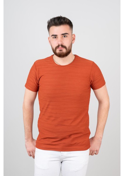 Extra Slimfit Sıfır Yaka Dokulu Erkek T-Shirt