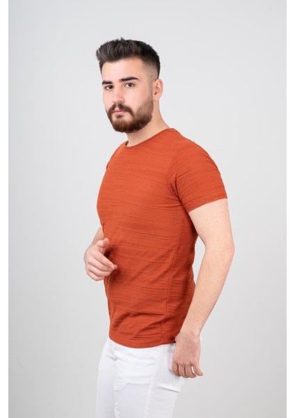 Extra Slimfit Sıfır Yaka Dokulu Erkek T-Shirt