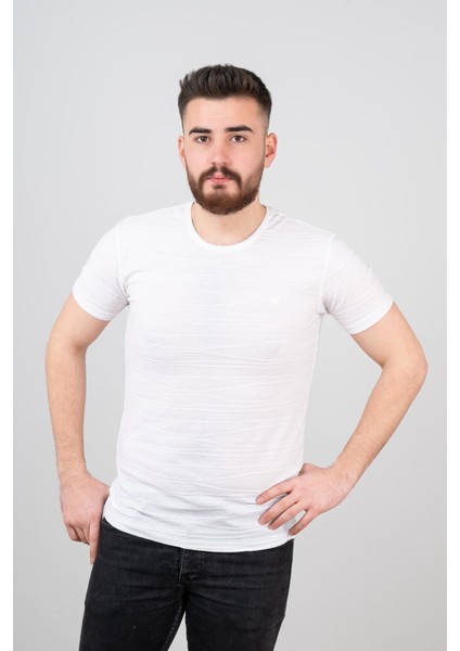 Extra Slimfit Sıfır Yaka Dokulu Erkek T-Shirt