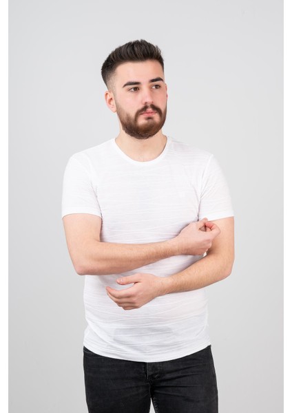 Extra Slimfit Sıfır Yaka Dokulu Erkek T-Shirt modelleri