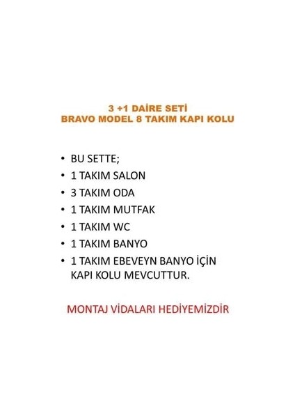 Bravo Rozetli Kapı Kolu Saten 3+1 8 Takım Daire Seti
