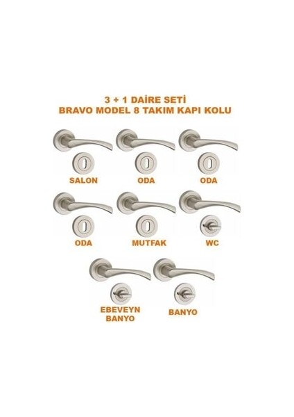 Bravo Rozetli Kapı Kolu Saten 3+1 8 Takım Daire Seti