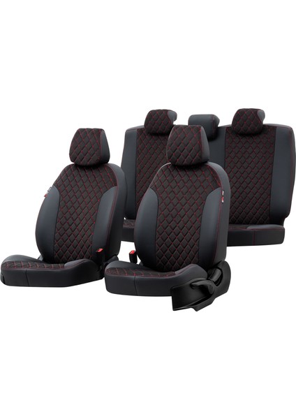 Renault Clio 2 Hb 1998-2005 Özel Üretim Koltuk Kılıfı Madrid Design Tay Tüyü Siyah - Kırmızı