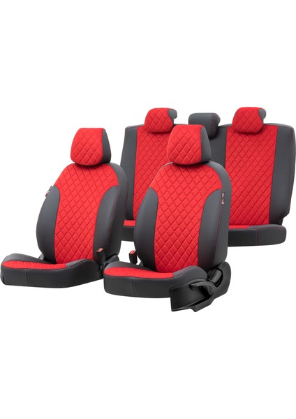 Volkswagen Bora 1998-2006 Özel Üretim Koltuk Kılıfı Madrid Design Tay Tüyü Kırmızı - Siyah