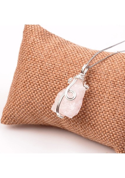 Ham Pembe Kuvars Taşı Kolye - Tel Sargılı