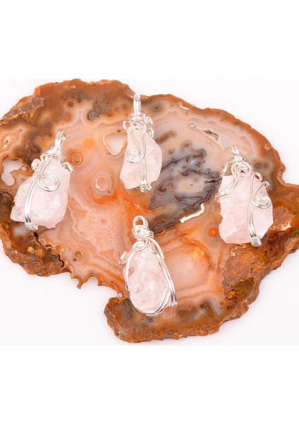Ham Pembe Kuvars Taşı Kolye - Tel Sargılı fiyatları