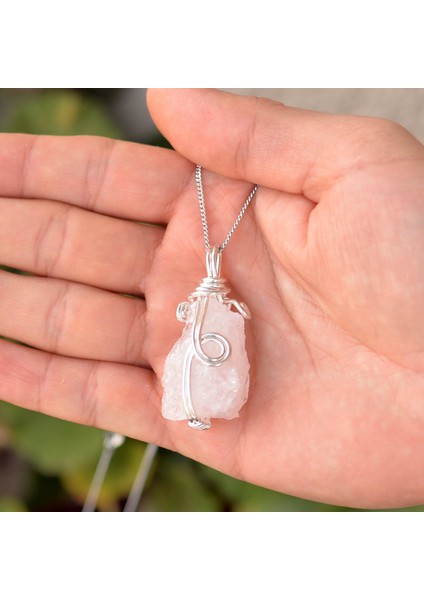 Ham Pembe Kuvars Taşı Kolye - Tel Sargılı modelleri