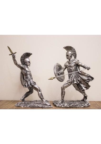 Hector ve Achilles 35 cm Tasarım Biblo Heykel Gümüş Ev Dekor Hediyelik Eşya