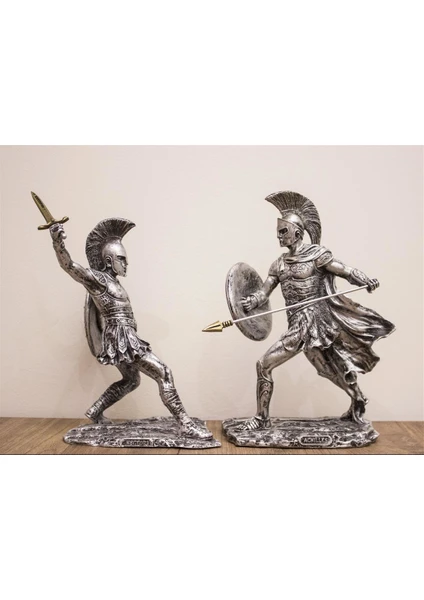 Antakya Sanat Tasarım Hector ve Achilles 35 cm Tasarım Biblo Heykel Gümüş Ev Dekor Hediyelik Eşya