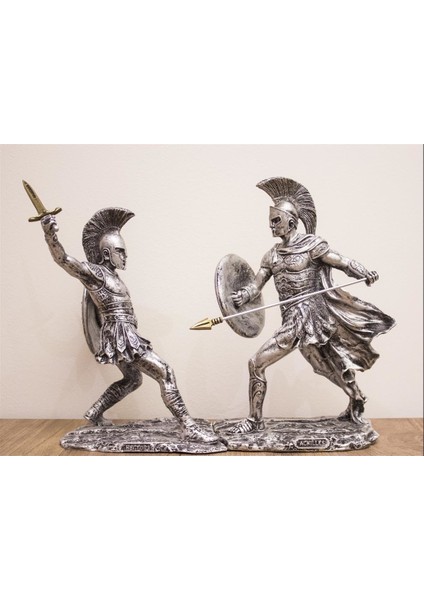 Hector ve Achilles 35 cm Tasarım Biblo Heykel Gümüş Ev Dekor Hediyelik Eşya