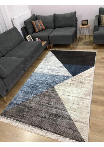 Vera Kaymaztabanlı Yıkanabilir Halı Kilim Yolluk Dijital Baskı Gri Krem Kahve