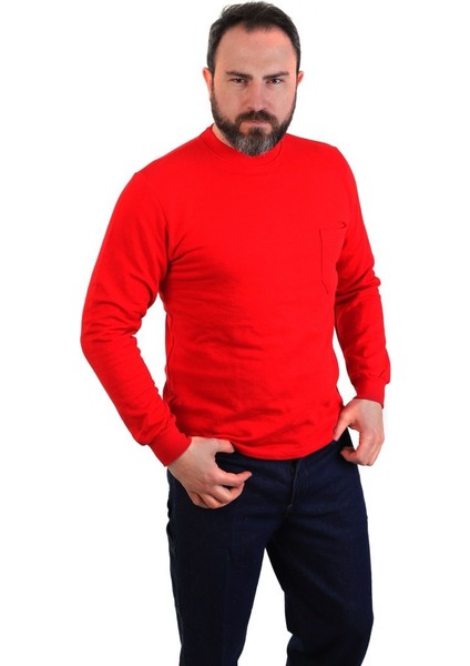Eser - Bisiklet Yaka Sweatshirt - Cepli - Kırmızı