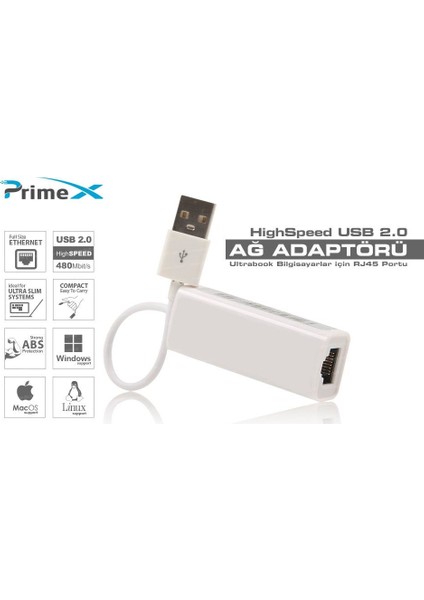 PrimeX Plus PrimeX Plus PX-2120 USB 2.0 To RJ45 Ethernet Çevirici (WIN10 Tak Çalıştır)