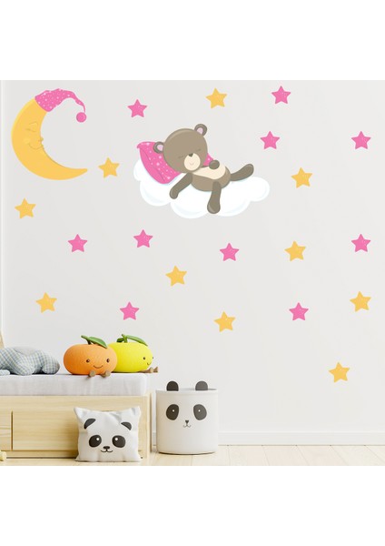 Bulut Üzerinde Uyuyan Ayıcık Sevimli Ay Pembe ve Sarı Yıldızlar Çocuk Odası Duvar Sticker