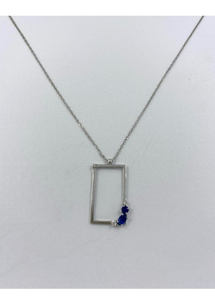 925 Ayar Gümüş Lacivert Taşlı Dikdörtgen Çerçeve Silver Kolye