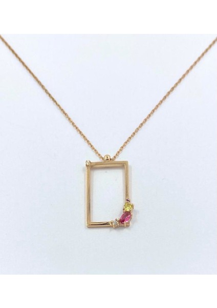 925 Ayar Gümüş Pembe ve Sarı Taşlı Dikdörtgen Çerçeve Rose Gold Kolye