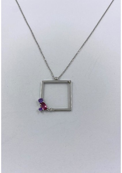 925 Ayar Gümüş Pembe ve Mor Taşlı Kare Çerçeve Silver Kolye