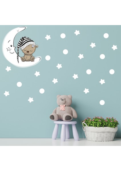 Ay Üzerinde Uyuyan Sevimli Ayıcık Beyaz Yıldızlar ve Puantiyeler Çocuk Odası Duvar Sticker