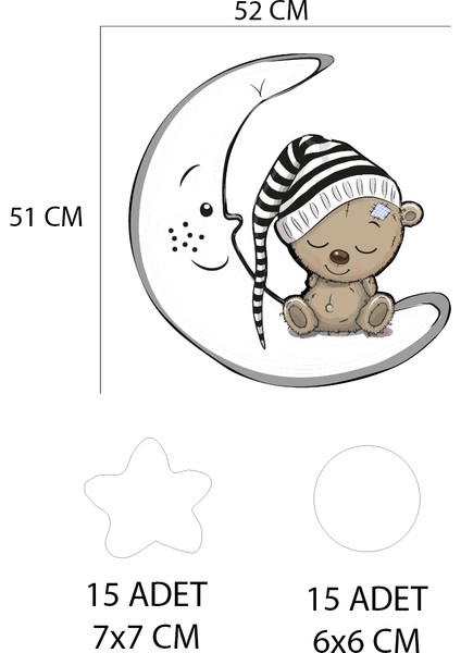 Ay Üzerinde Uyuyan Sevimli Ayıcık Beyaz Yıldızlar ve Puantiyeler Çocuk Odası Duvar Sticker