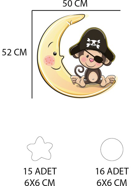 Ay Üzerindeki Korsan Maymun Beyaz Yıldızlar ve Puantiyeler Çocuk Odası Duvar Sticker