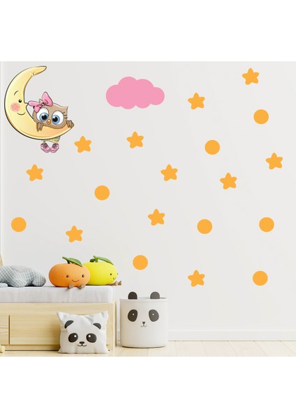 Ay Üzerinden Sarkan Sevimli Baykuş Pembe Bulut Sarı Yıldızlar ve Puantiyeler Çocuk Odası Duvar Sticker