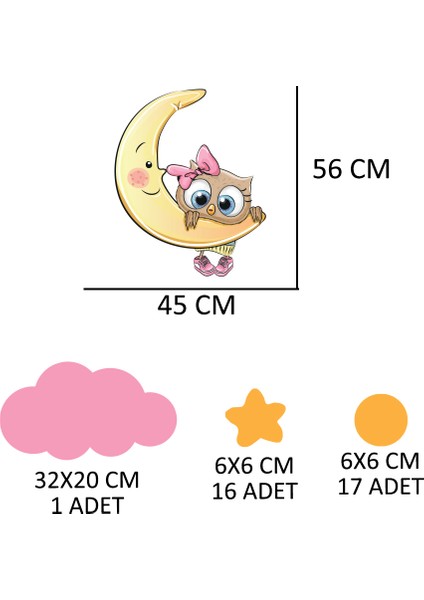 Ay Üzerinden Sarkan Sevimli Baykuş Pembe Bulut Sarı Yıldızlar ve Puantiyeler Çocuk Odası Duvar Sticker fiyatları