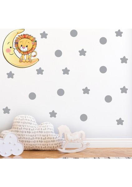 Ay Üzerindeki Sevimli Aslan Gri Yıldızlar ve Puantiyeler Çocuk Odası Duvar Sticker