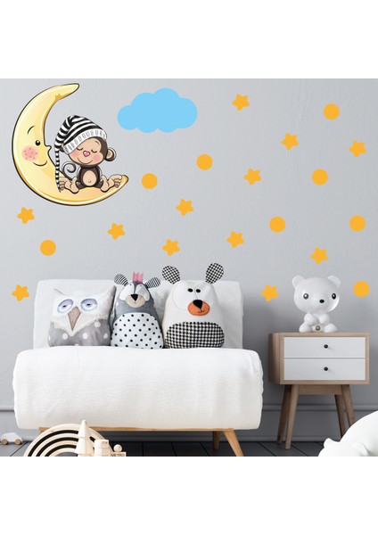 Ay Üzerinde Uyuyan Sevimli Maymun Sarı Yıldızlar ,puantiyeler ve Mavi Bulut Çocuk Odası Duvar Sticker