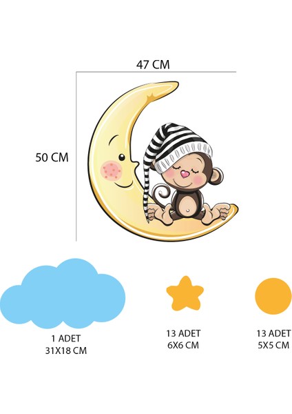 Ay Üzerinde Uyuyan Sevimli Maymun Sarı Yıldızlar ,puantiyeler ve Mavi Bulut Çocuk Odası Duvar Sticker