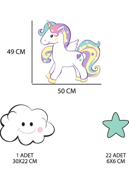 Sevimli Unicorn Gülen Beyaz Bulut Yeşil Yıldızlar Çocuk Odası Duvar Sticker