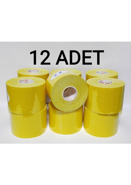 Bia Tape Kinesio 5 cm x 5 M - Sarı Rengi Sporcu Bandı 12'li (Pakette 12 Adet)