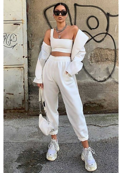 Beyaz Paça Lastikli Oversize Kadın Eşofman MG324
