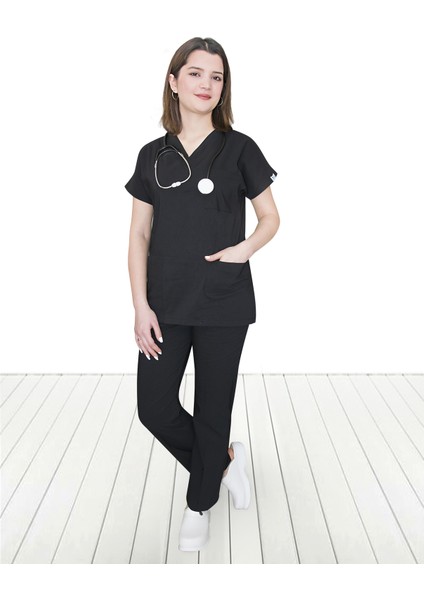 Siyah Likralı Alt Üst Forma Takım Scrubs modelleri